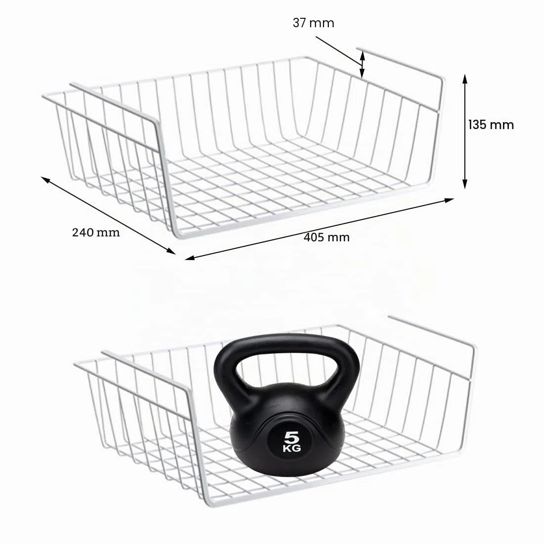 Juego de 2 cestas de almacenamiento colgantes de metal para cocina, oficina, despensa, cuarto de baño, armario (blanco)