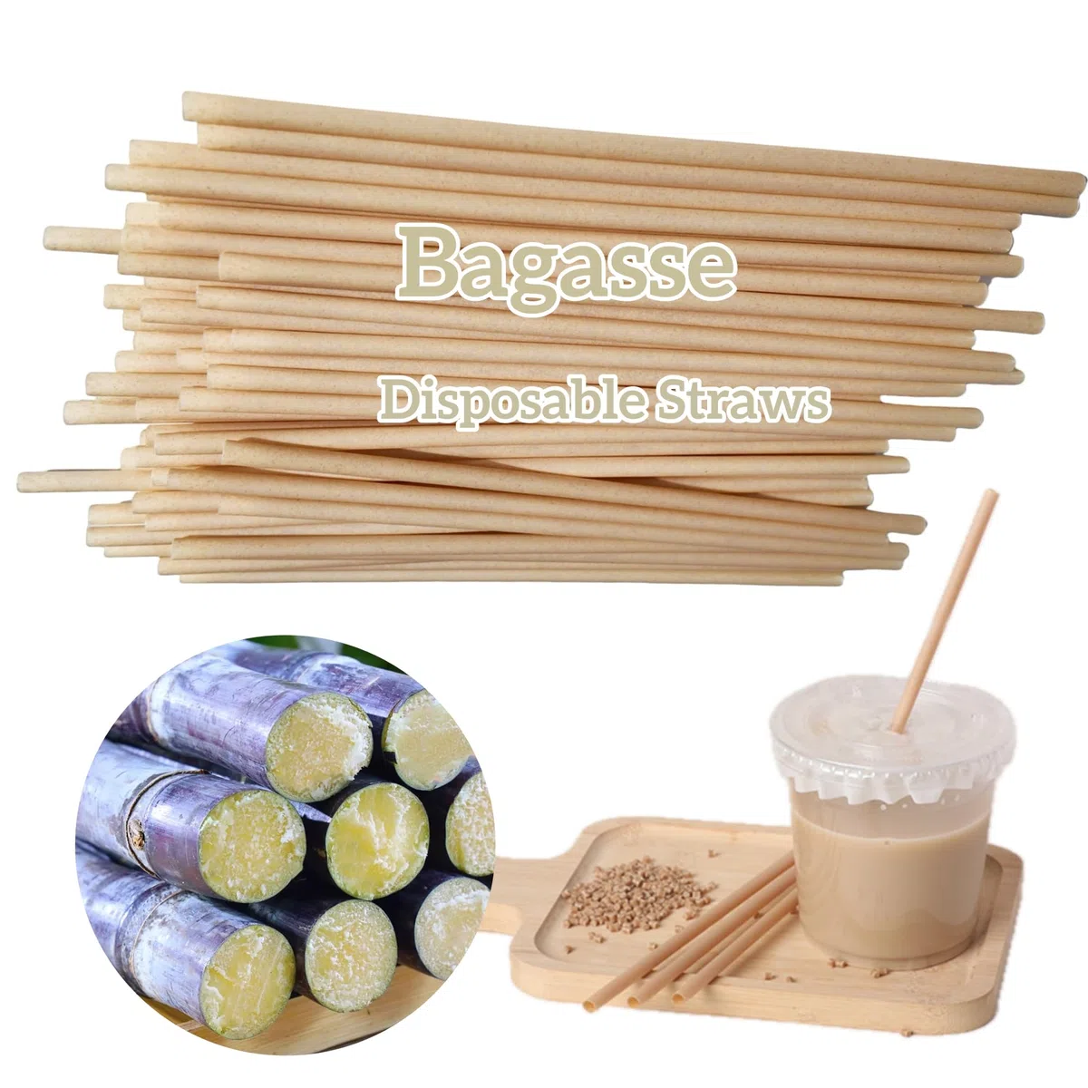 400Pcs Pajitas desechables de bagazo, pajita plana recta de 21 cm, 5,5 mm de diámetro, pajita biodegradable de caña de azúcar para fiestas, zumos de frutas, cócteles, cocina, club (400)