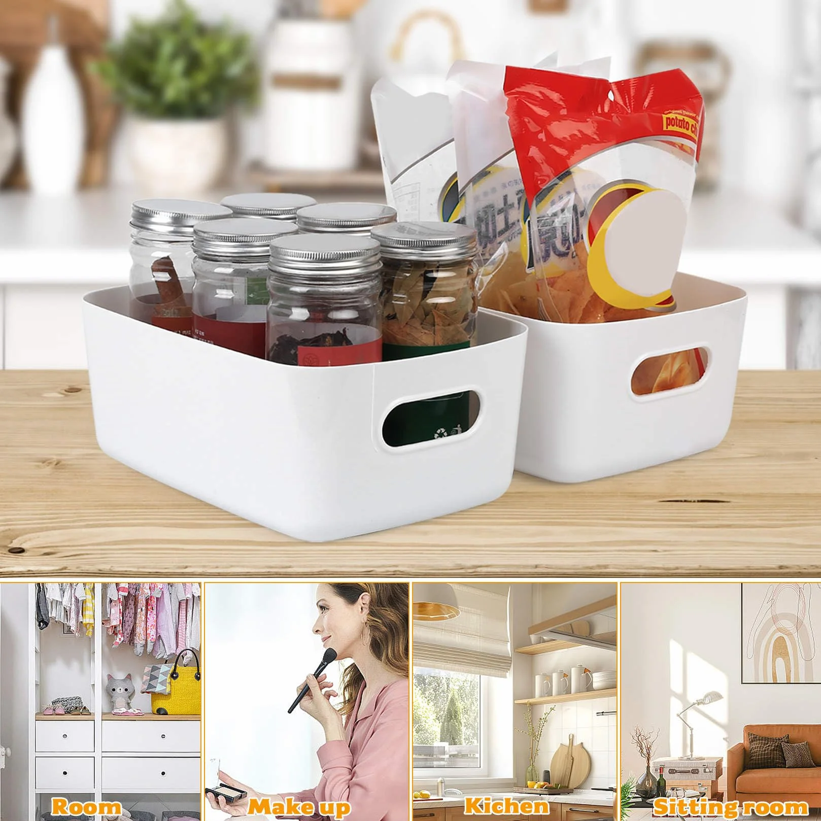 12 cajas organizadoras de plástico con asas, cajas organizadoras para cocina, baño, oficina, estantería, caja de plástico, armario de cocina, almacenamiento de cosméticos (24 x 16 x 9,5 cm)