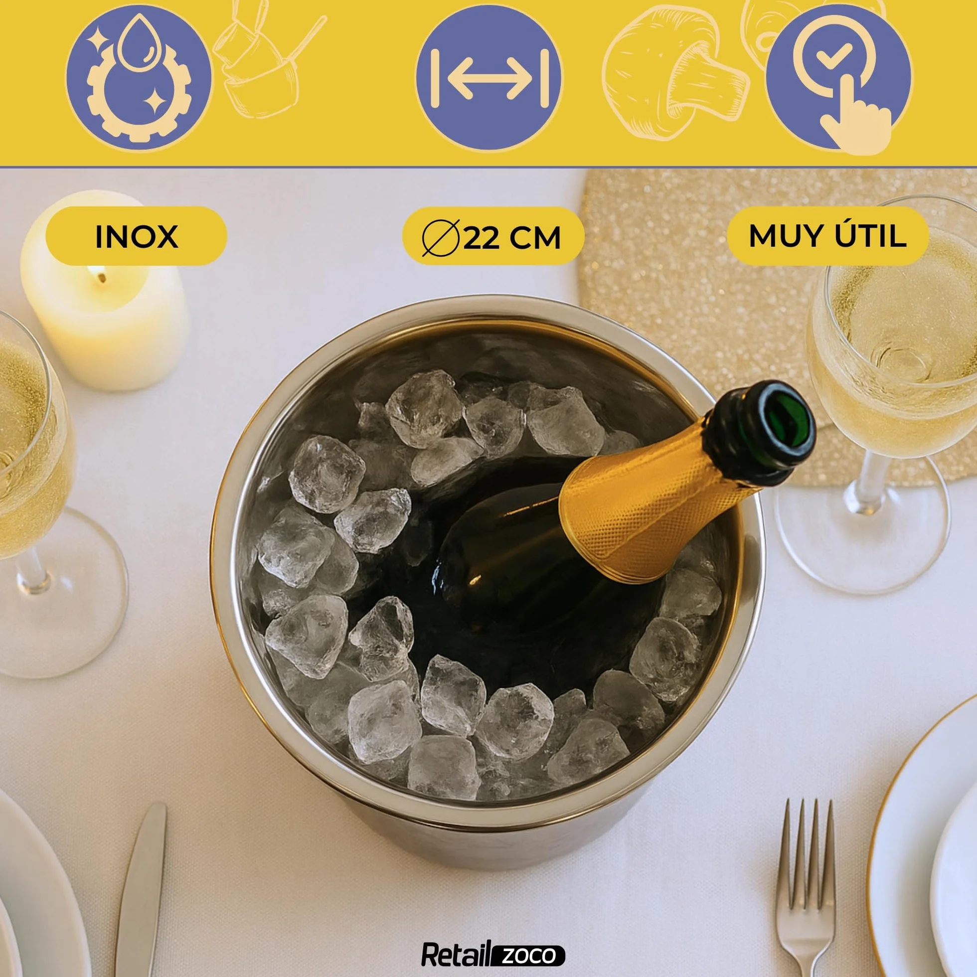 CHEFZOCO Champanera con asass, Cubitera Acero Inoxidable, Cubo de Champán, Enfriador de Botellas, Diámetro 22 cm, Altura 21 cm, Acero Inoxidable, Apto para Enfriar refrescos, champán, Vino, Cerveza