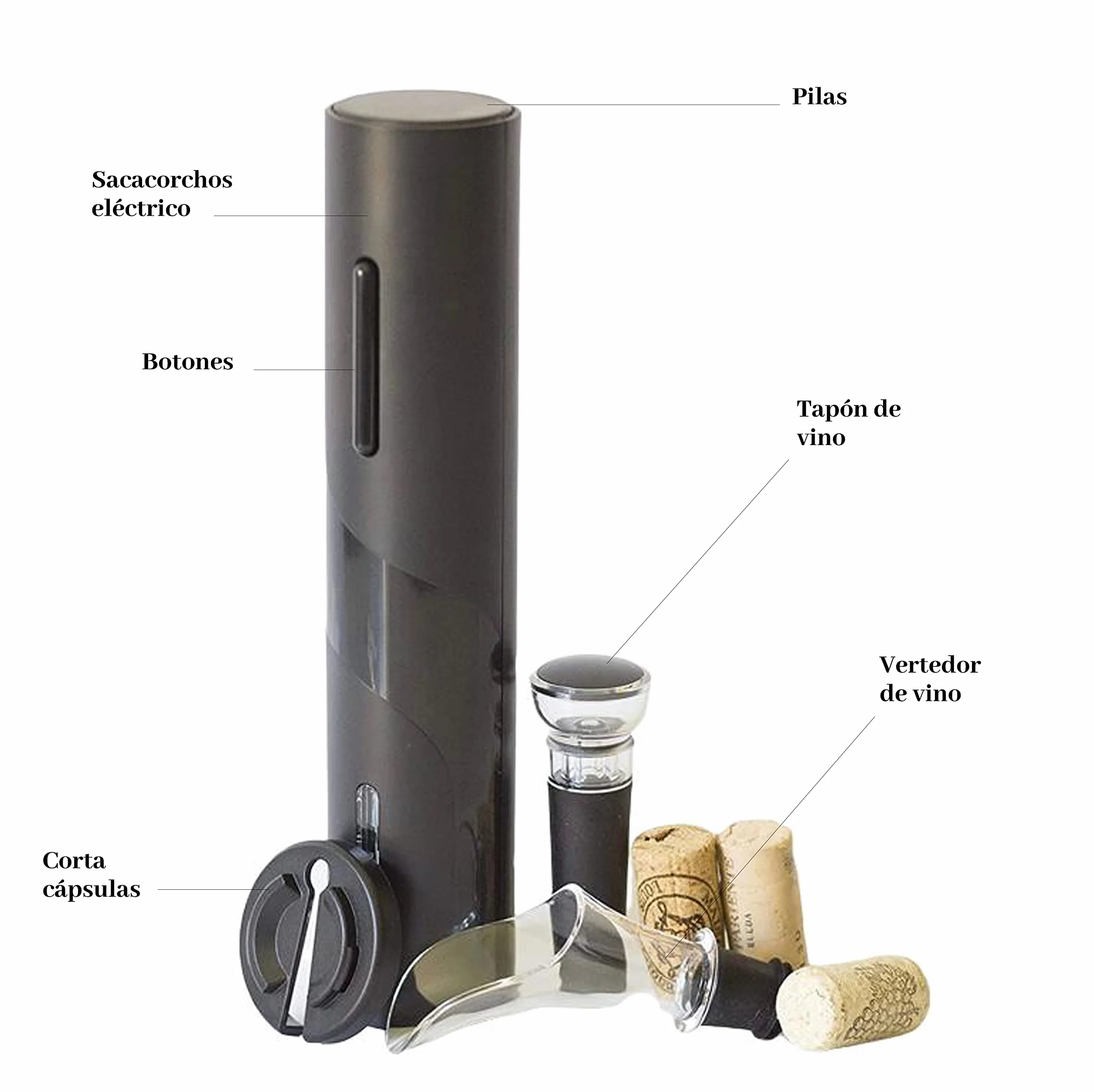 Juego de Sacacorchos eléctrico con corta cápsulas, vertedor y tapón de vino - Regalos originales