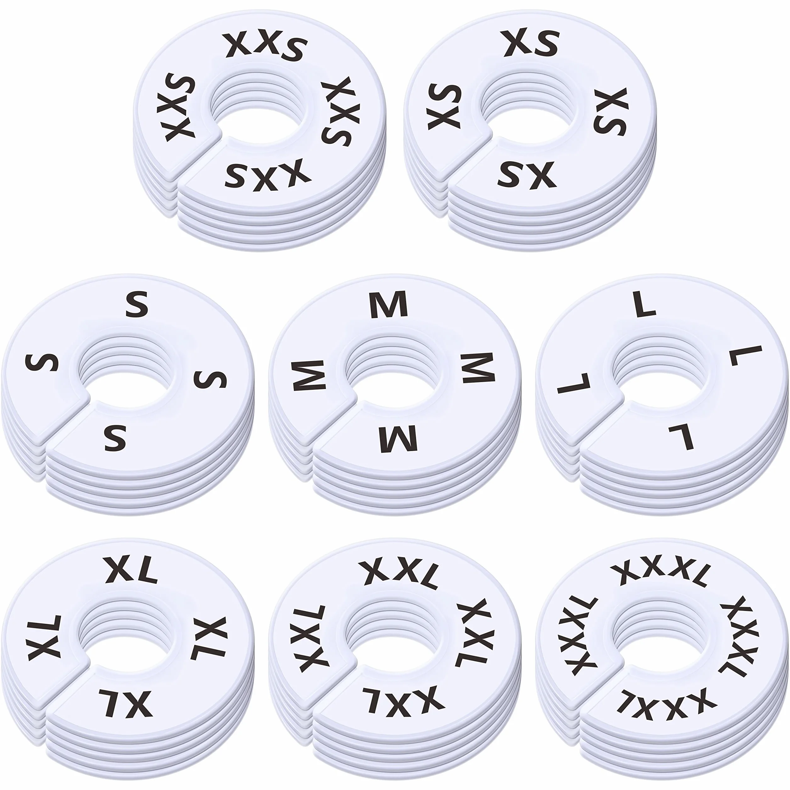 Paquete de 40 separadores Redondos de plástico Blanco para Armario, preimpresos en 8 tamaños XXS, XS, S, M, L, XL, XXL, XXXL (Exterior 9 cm, diámetro Interior 3,5 cm)