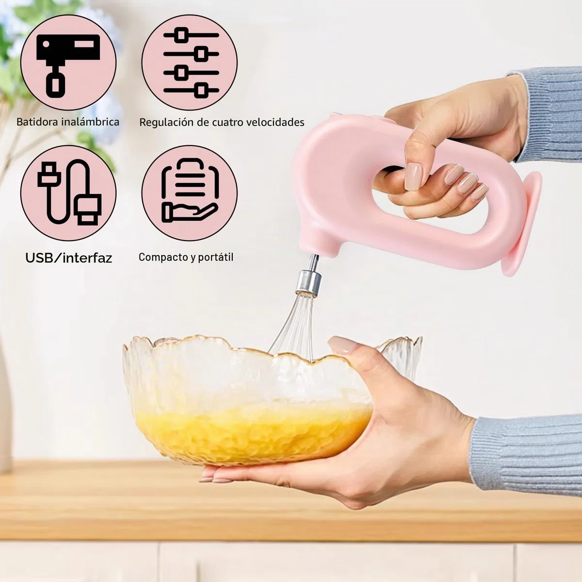 Batidora de mano inalámbrica eléctrica: mini batidora de mano con 4 niveles y 2 batidores, batidora eléctrica recargable por USB, batidora eléctrica, batidora de huevos para hornear, crema, pasteles