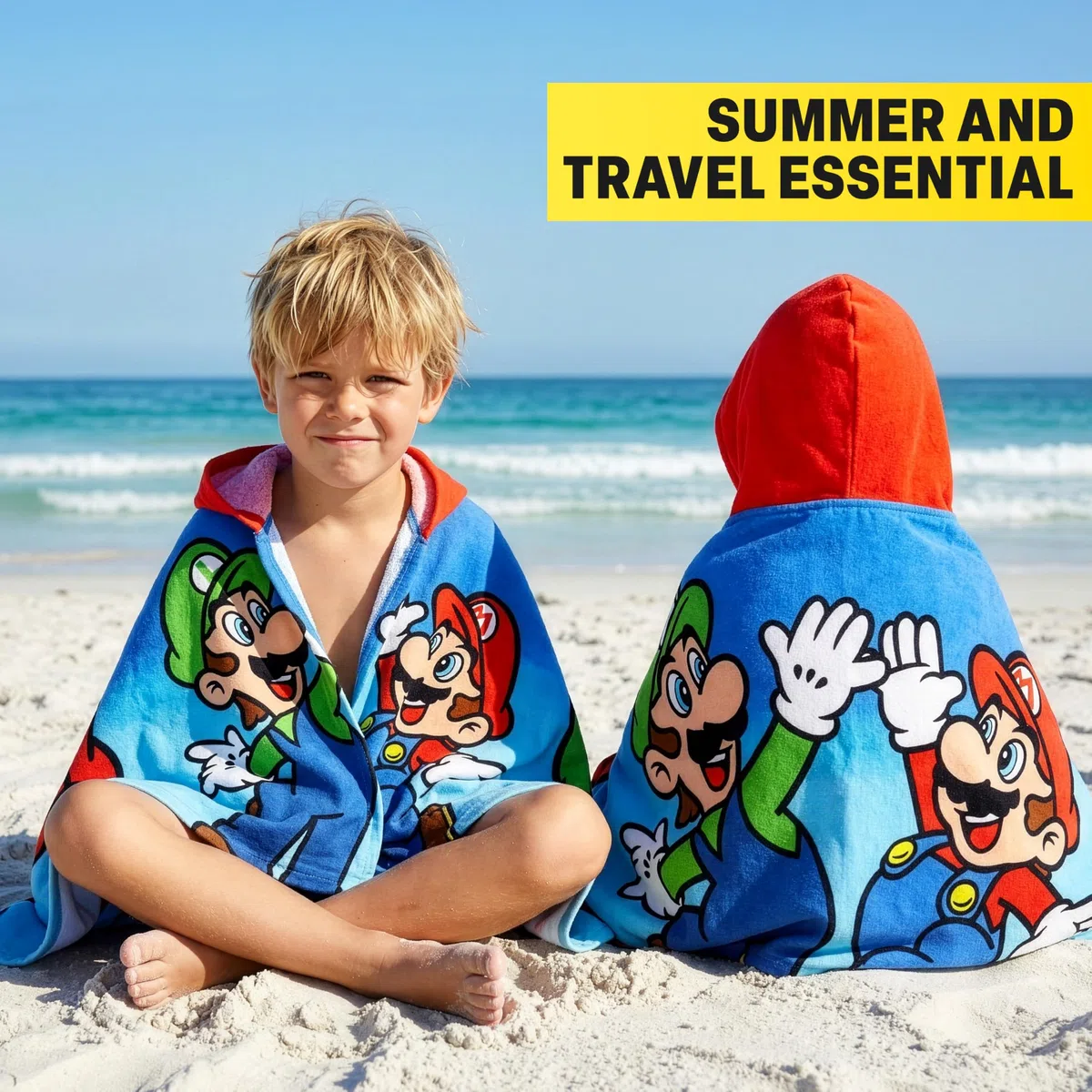 Get Trend Super Mario Poncho Toalla Niño con Capucha 125x75 cm, 100% Algodón, Toalla de Baño Infantil con Capucha, Poncho para Piscina Playa y Verano, Idea de Regalo Niño (Multi Super Mario)