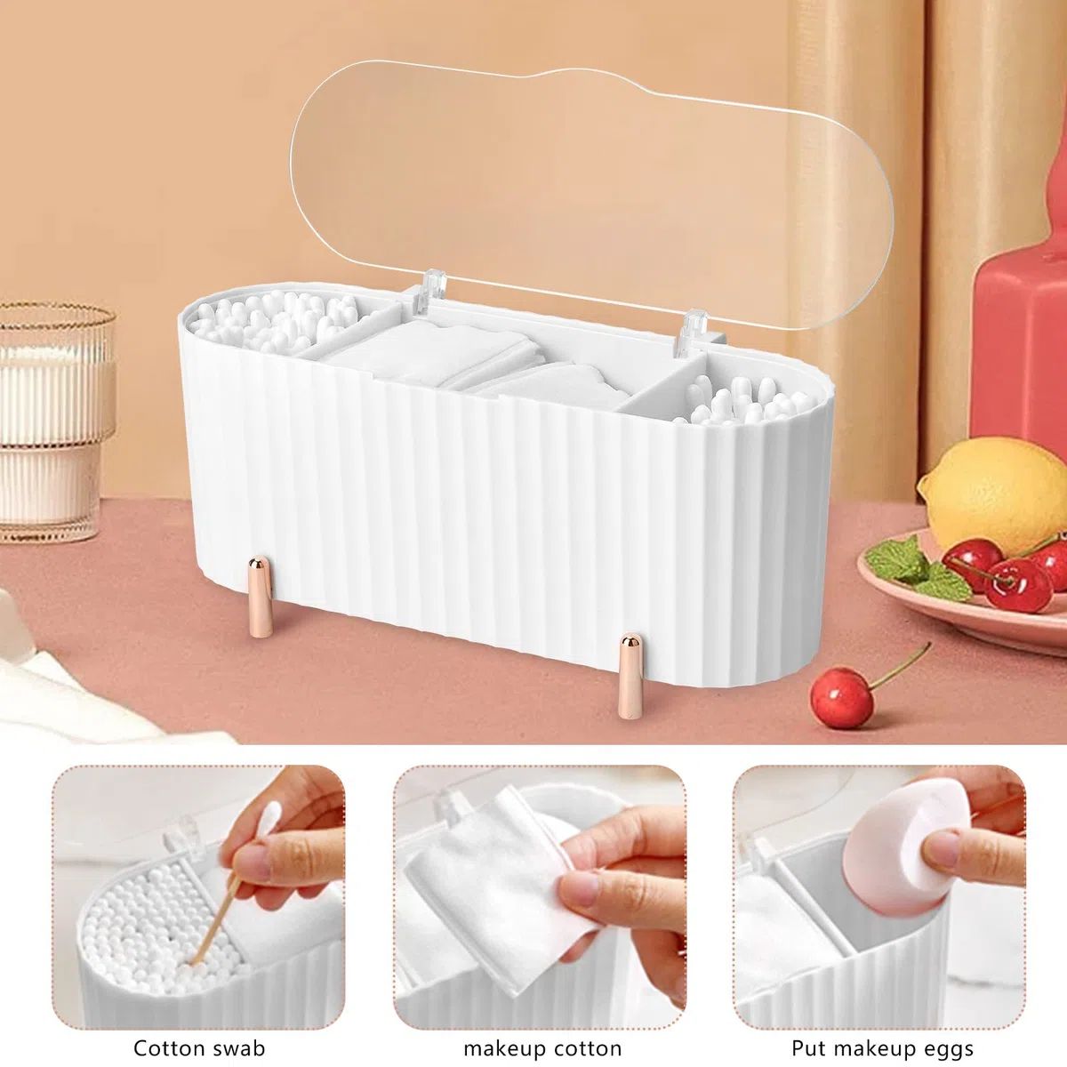 Organizador de cosméticos de Maquillaje, Almacenamiento de Almohadillas de algodón con Tapas, Pincel para Sombra de Ojos, 4 Compartimentos Accesori (Blanco)