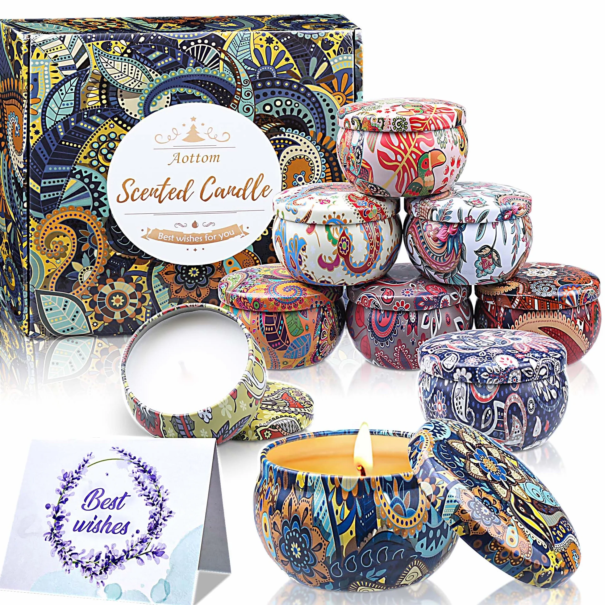 Velas Perfumadas Juego de 9 Piezas - Regalo de Velas Aromaticas Natural Cera de Soja Aromaterapia Decoración con Tarjeta de Felicitación para Aliviar el Estrés, Navidad, Día de San Valentín y Madre