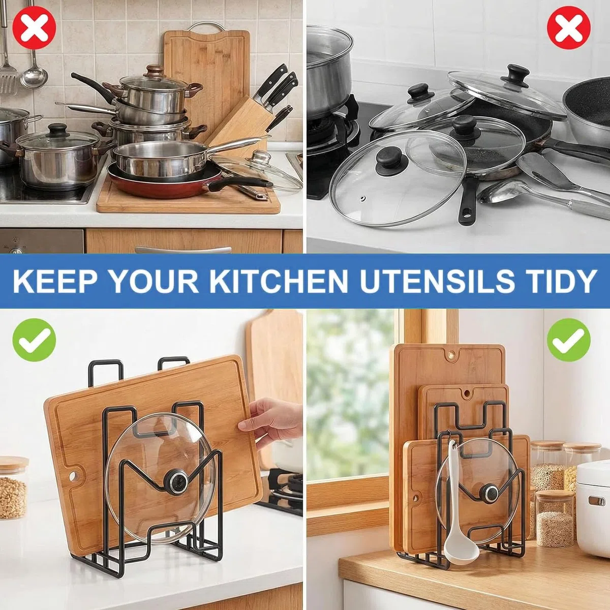 Soporte para Bandejas De Cocina y Tablas con 4 Compartimentos, Organizador Metálico para Tapas De Ollas, Espátulas, Platos y Bandejas De Horno
