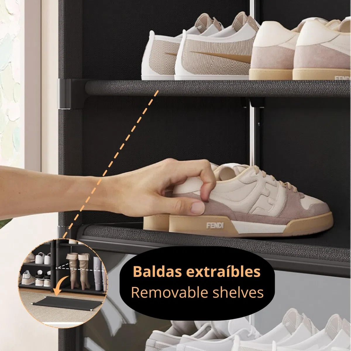 Organizador de zapatos de tela textil, Zapatero auxiliar, Compacto de varios niveles, Cierre magnético, Vertical, Tubo metal (6 estantes)