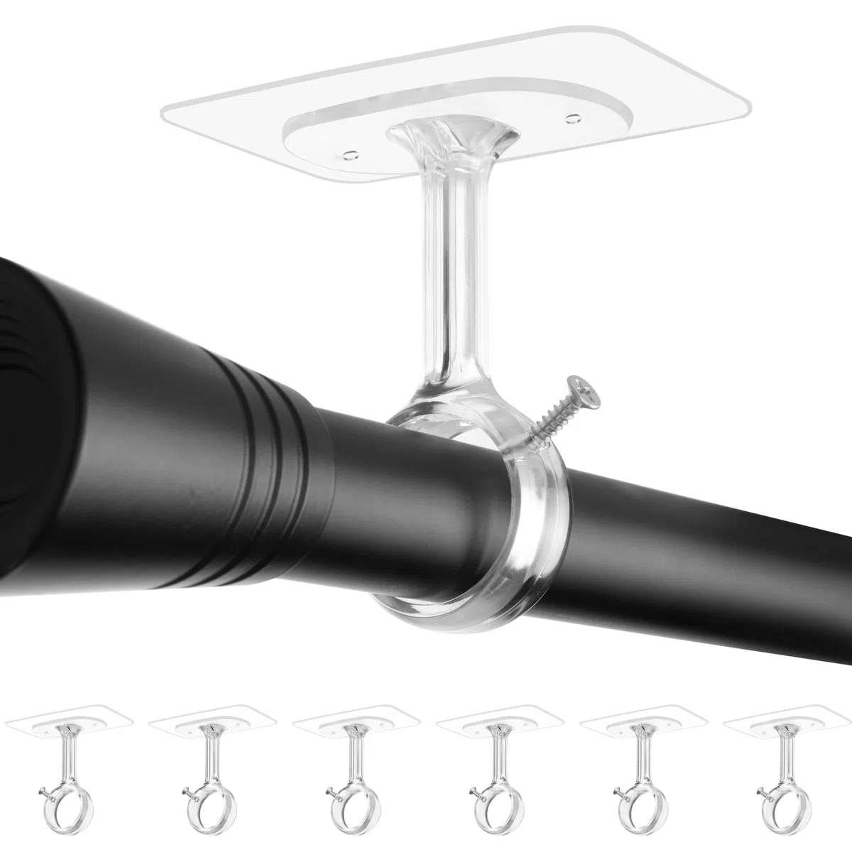 Soportes Ajustables para Barra Cortina de Techo & Pared, 32 mm Diámetro, Montaje Sin Taladro con Tornillos - Ideal para Duchas, Cocina y Armarios (6 Piezas, Transparente)