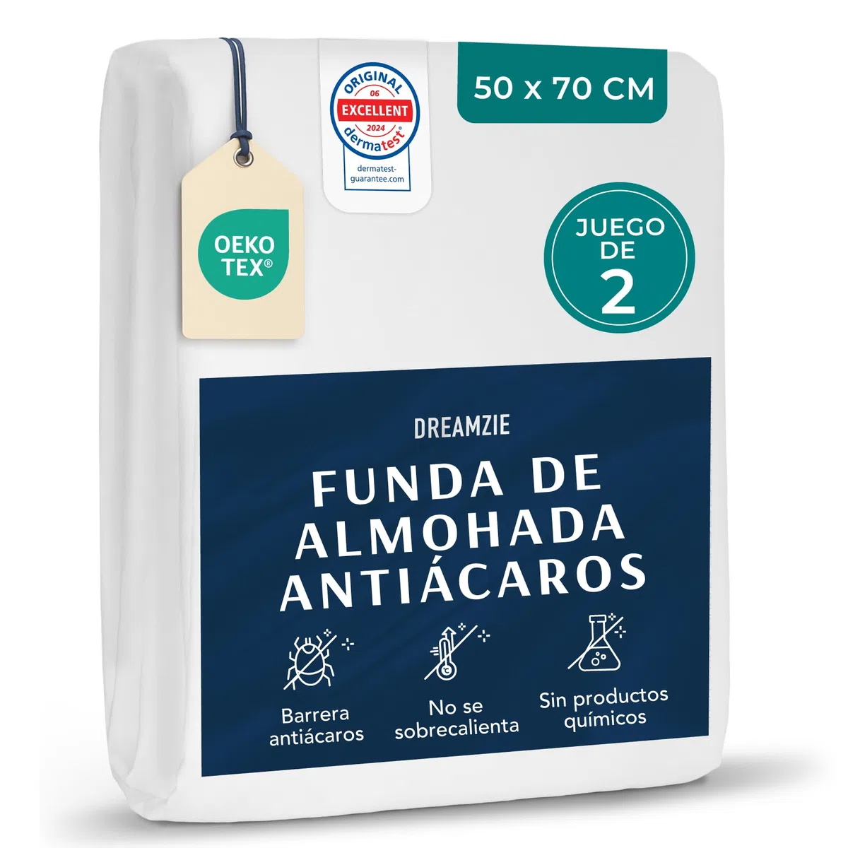 Dreamzie - Juego de 2 Funda de Almohada Antiacaros - Protector Almohada 50x70 cm - Funda Antiacaros Transpirables y Lavables a 95°C