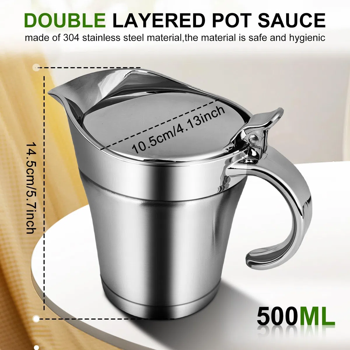 Salsera térmica de acero inoxidable, 500 ml, con doble aislamiento, elegante jarra de salsa, acero inoxidable 304, salsera térmica con tapa, jarra para salsas, recipiente para salsas y salsas