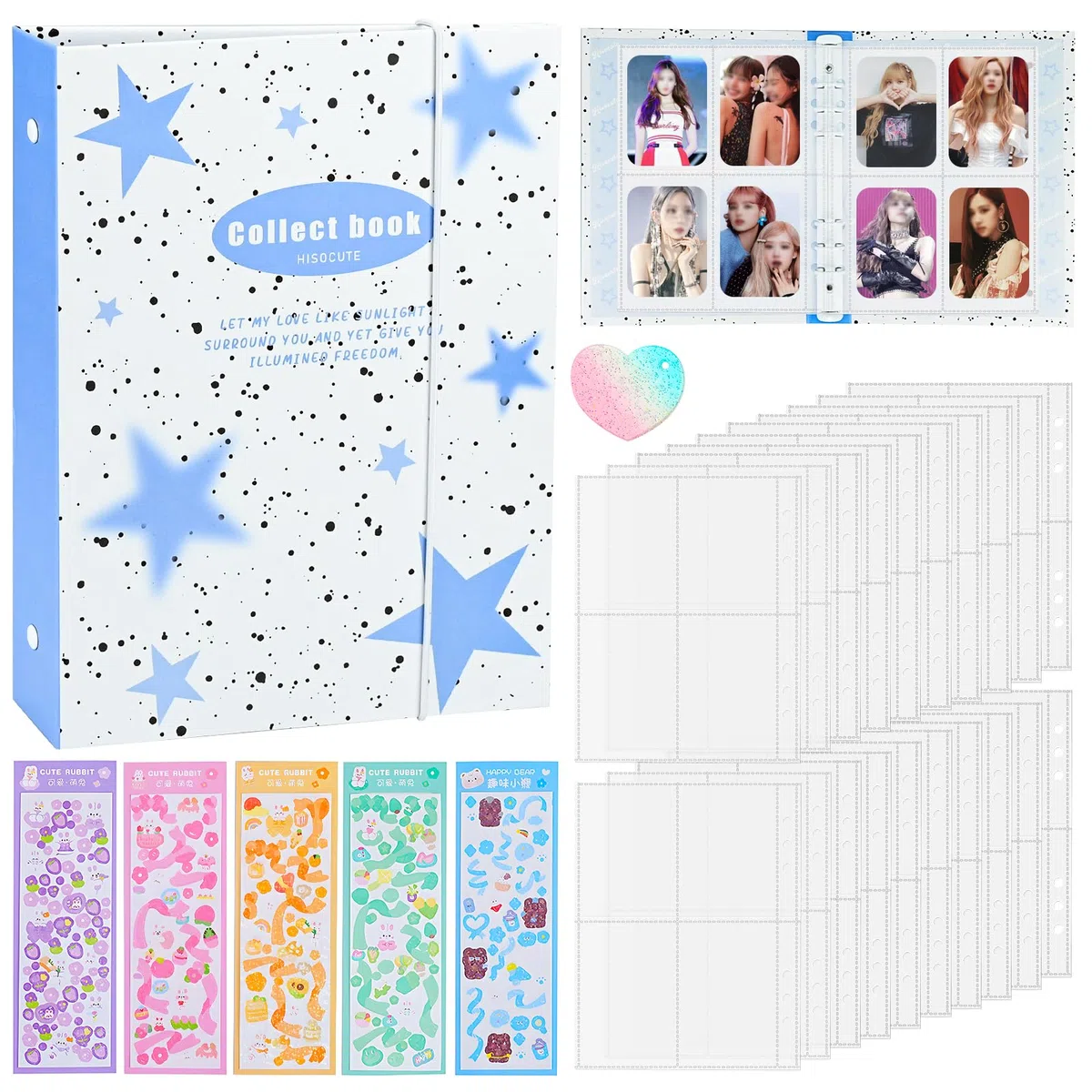 Álbum de fotos A5, portatarjetas de fotos Kpop de 3 pulgadas con 20 hojas, 4 compartimentos para fundas de fotos (160 bolsillos), funda transparente, 5 pegatinas de colores, 6 carpetas de anillas,