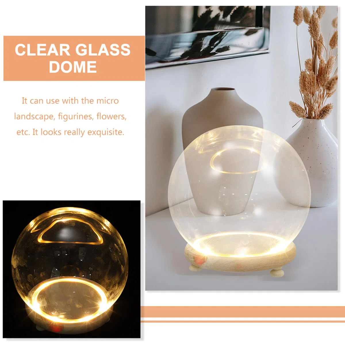 Cabilock Cúpula Cristal Base de Madera para Exhibir Flores Preservadas y Plantas Artificiales, Decoración Elegante Hogar o Obsequio Especial