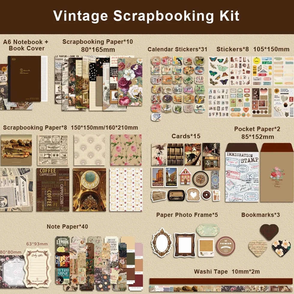 136 Piezas Material Scrapbooking Kit, Vintage Bullet Journal Kit con Cuaderno A6, Papel Scrapbooking Vintage, Washi Pegatinas Scrapbook Stickers Accesorios Kit para DIY Bullet Journal Album Fotos