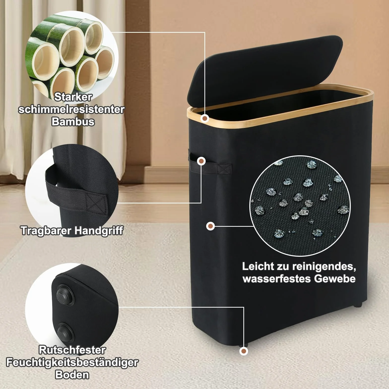 45L - Cesta de almacenamiento de papel higiénico con tapa, grande, color negro, resistente al agua, para 18 a 24 rollos, organizador de papel higiénico de bambú