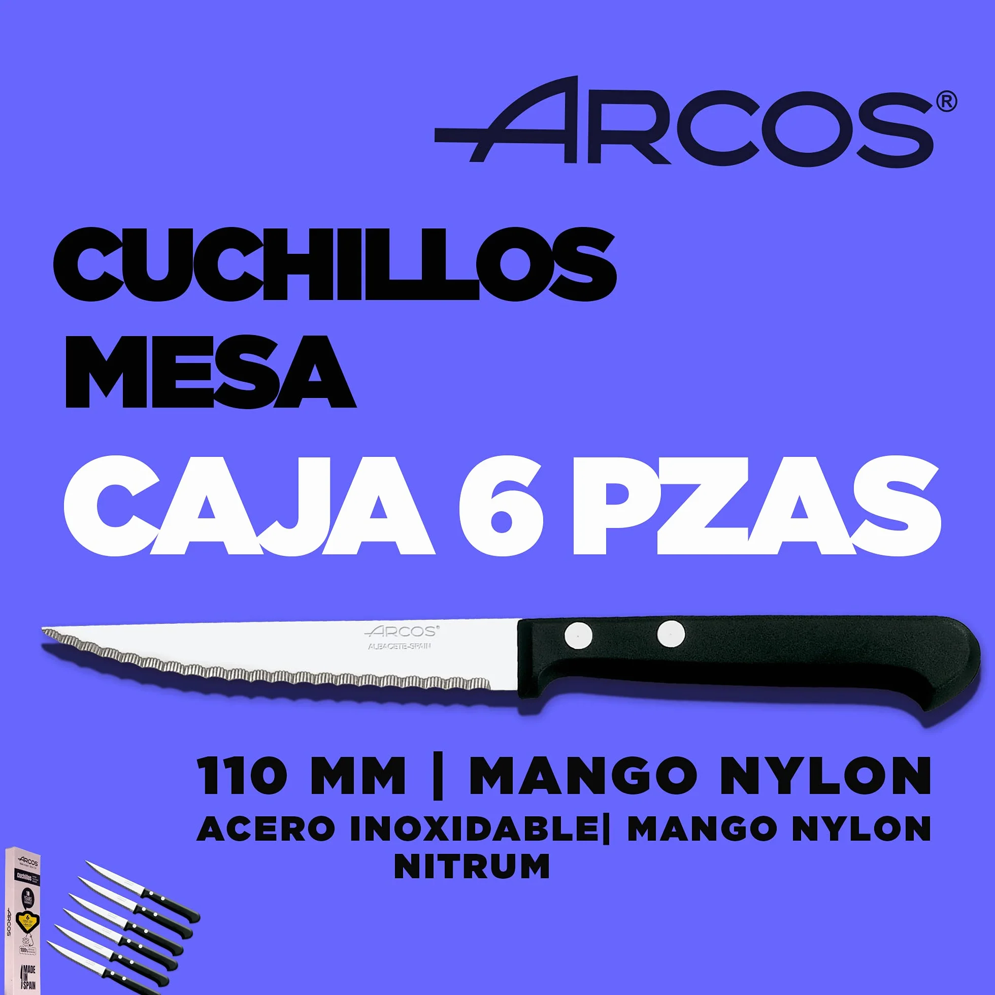 Arcos | cuchillos de mesa (6 ud) | cuchillos acero inoxidable con sierra cuchillo chuletero cuchillos chuleteros | Fabricado en España