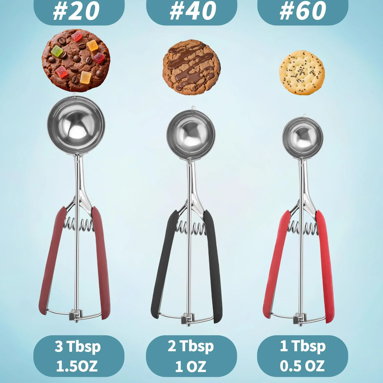 Juego de 3 cucharas de galletas para hornear, cuchara de helado de acero inoxidable 18/8, 1 cucharada/2 cucharadas/3 cucharadas, cuchara de masa de galletas, agarre antideslizante rojo/negro/burdeos