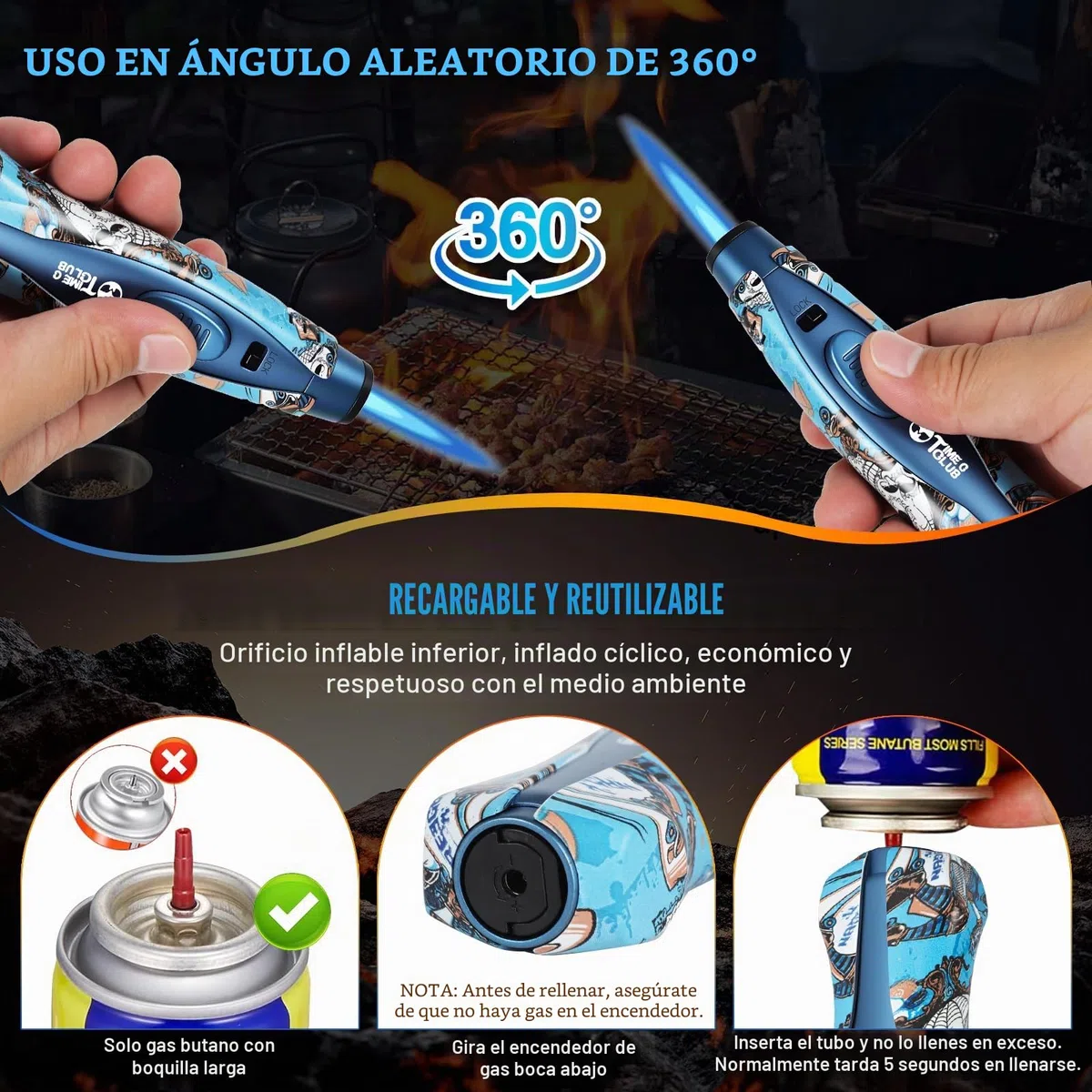 Quemador de butano, quemador de butano recargable con cierre de seguridad, llama ajustable, quemador de cocina, diseño a prueba de viento, cocinar, exterior, barbacoa (butano no incluido) (azul)