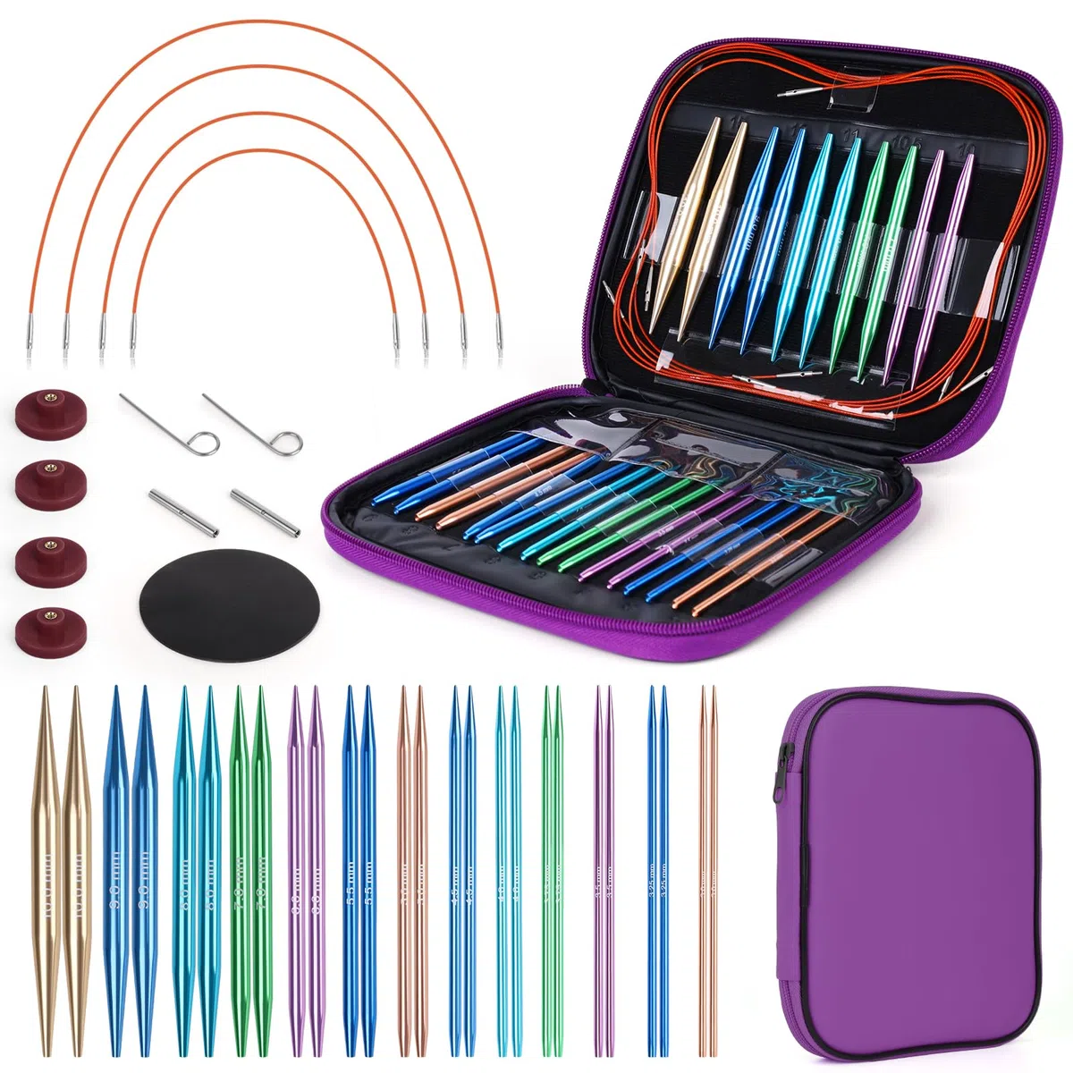 Coopay Juego de Agujas Circulares Intercambiables para Tejer Punto, 3,0-10 mm, Agujas Circulare (40cm/60cm/80cm/100cm), Aguja con Bolsa Almacenamiento, 13 Pares Aguja Circulares - Púrpura