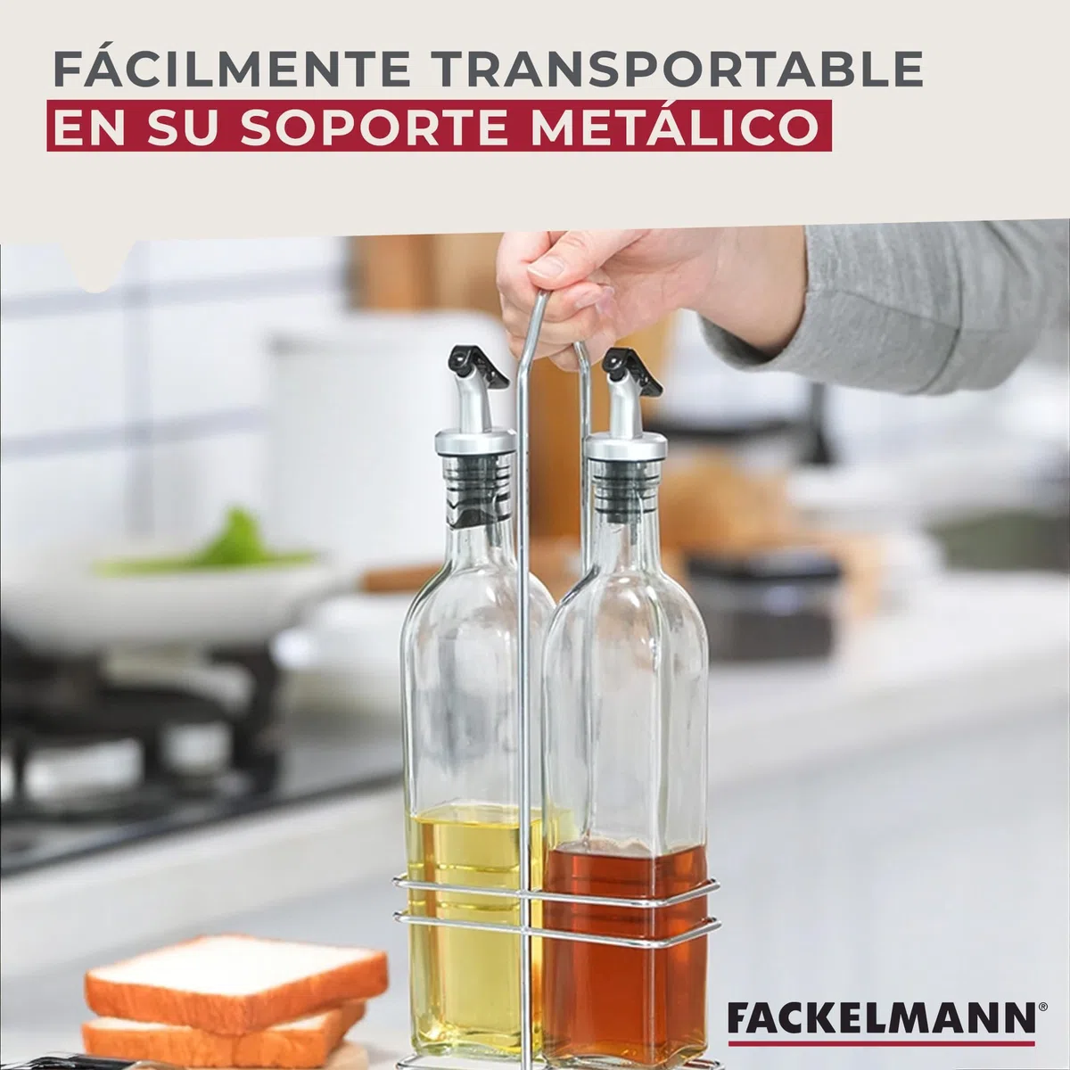 Fackelmann Set Aceitera y Vinagrera con Soporte, Incluye 2 Botellas de Vidrio de 250 ml y Rack, Conjunto Estable, Duradero y Decorativo, Apto para Lavavajillas, 30x12x6 cm