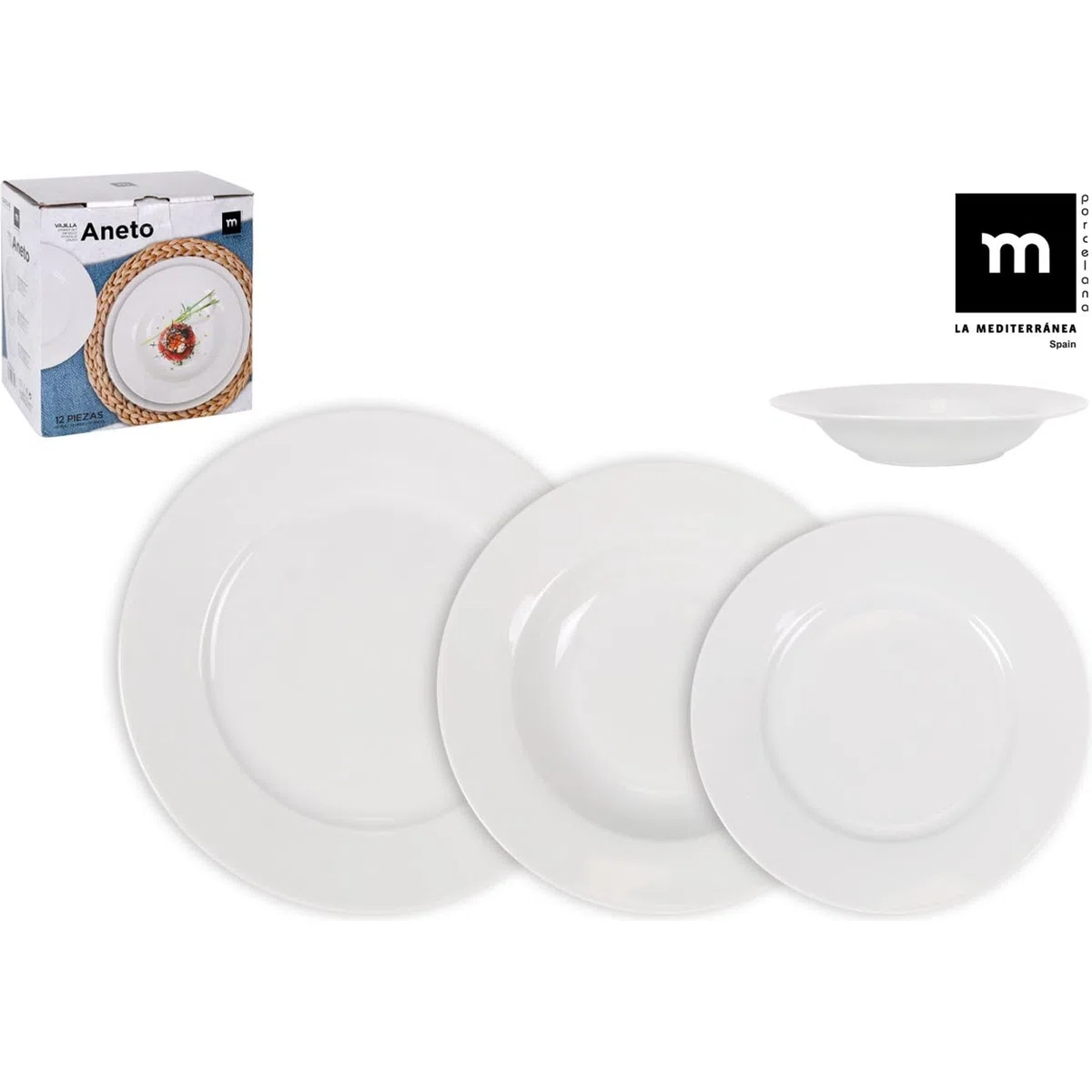 La Mediterránea Vajilla Completa 12 Piezas de Vidrio Templado - 4 Platos Llanos, Hondos y de Postre