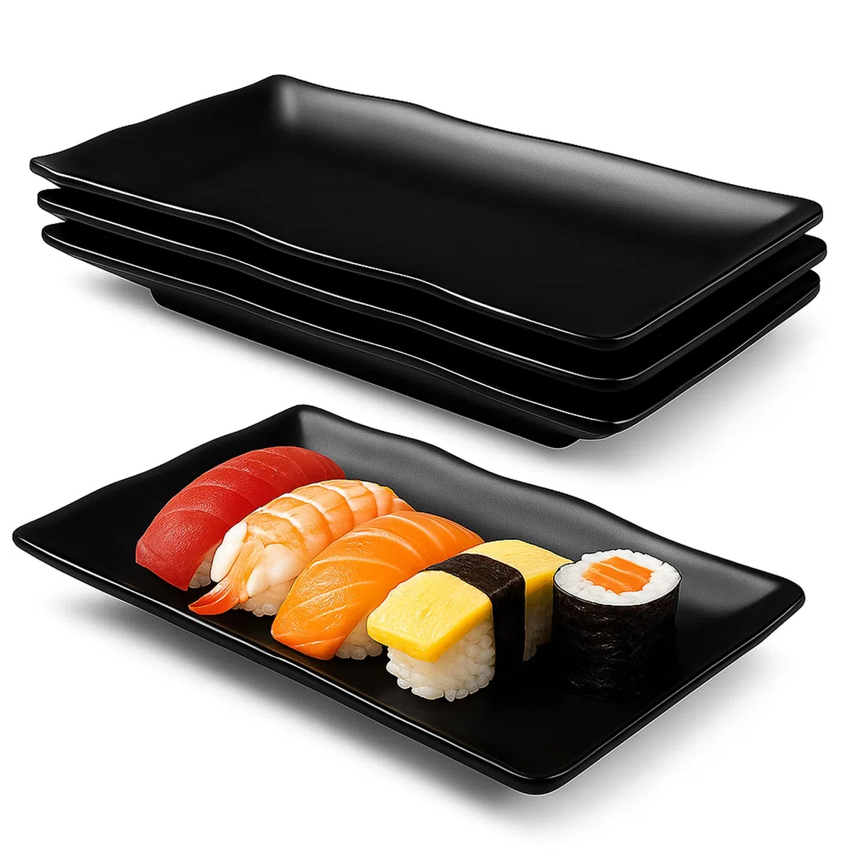 4 platos rectangulares de color negro, platos de melamina, platos para entrantes, platos de postre, platos de aperitivos para sushi, pasteles, ensaladas, frutas, antipasti y guarniciones