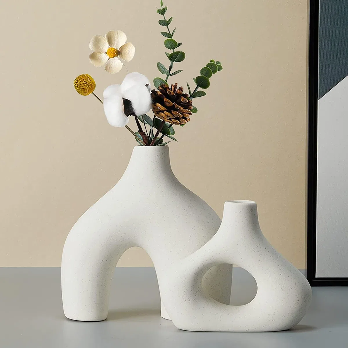 CEMABT Blanco Jarrón de Cerámica Juego de 2 Doble Montaña Jarrones para Boho Moderno Nórdico Minimalismo Estilo Decoración -jarrones para Sala de Estar, Boda, Mesa de Cena