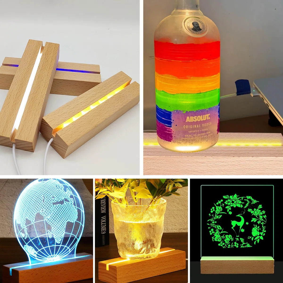 Base luminosa LED de madera – Base cuadrada para bolas de cristal, joyas, resina – Juego de 4