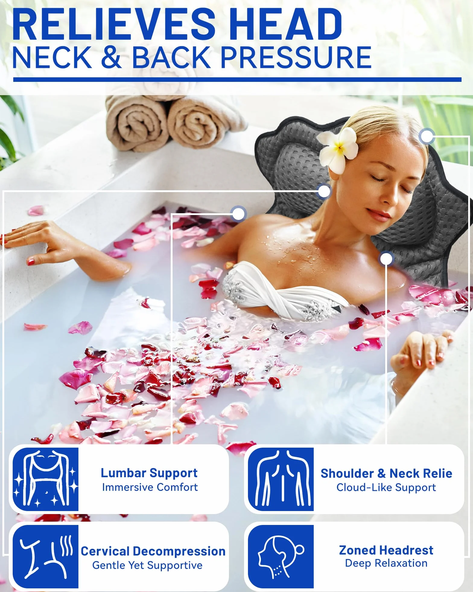 Almohada para Bañera, Almohada de Baño, Cojín de Bañera con 6 Ventosas Antideslizantes, Malla 4D, Almohada Bañera para Cuello, Cabeza y Hombros