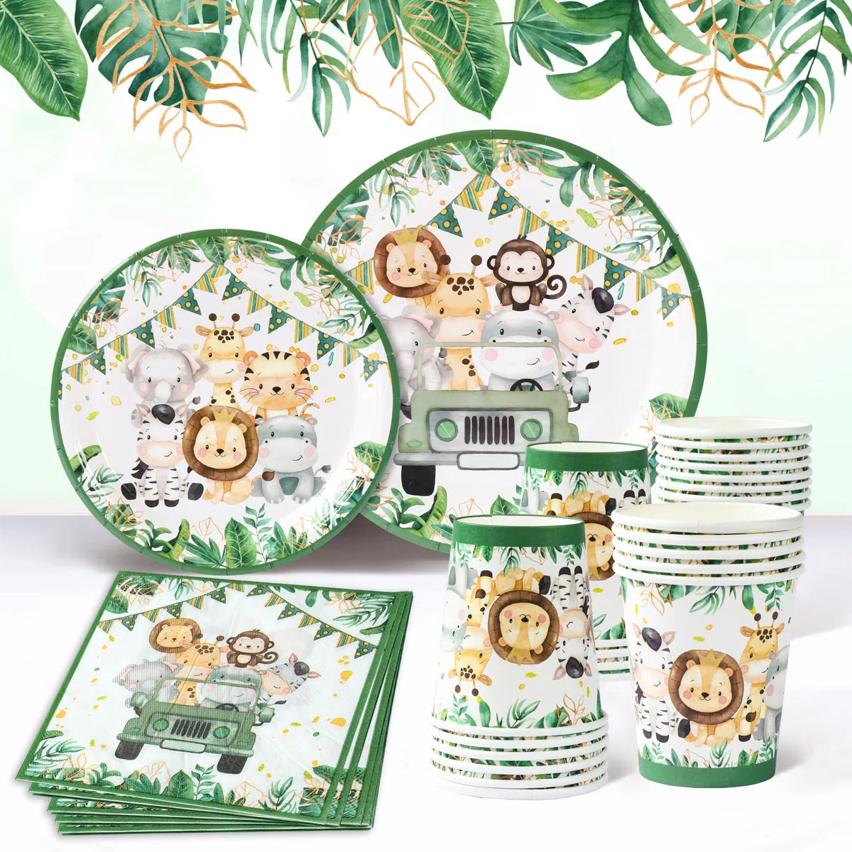 Vajilla Desechable Jungle Safari, 96 Piezas Vajilla Desechable Animale, Verde Salvia Platos Cumpleaños Infantil, Platos Tazas Servilletas Animale para Jungle Safari Cumpleaños Baby Shower 24 Invitados