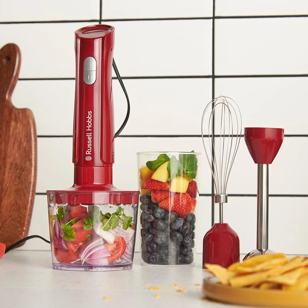 Russell Hobbs Batidora de mano [3 en 1] Desire Red (Triturar, Batir y Picar, Recipiente 500 ml + Vaso 600 ml, Acero inoxidable, 2 Velocidades + Pulso, Sin BPA, Accesorios Aptos Lavavajillas) 27142-56