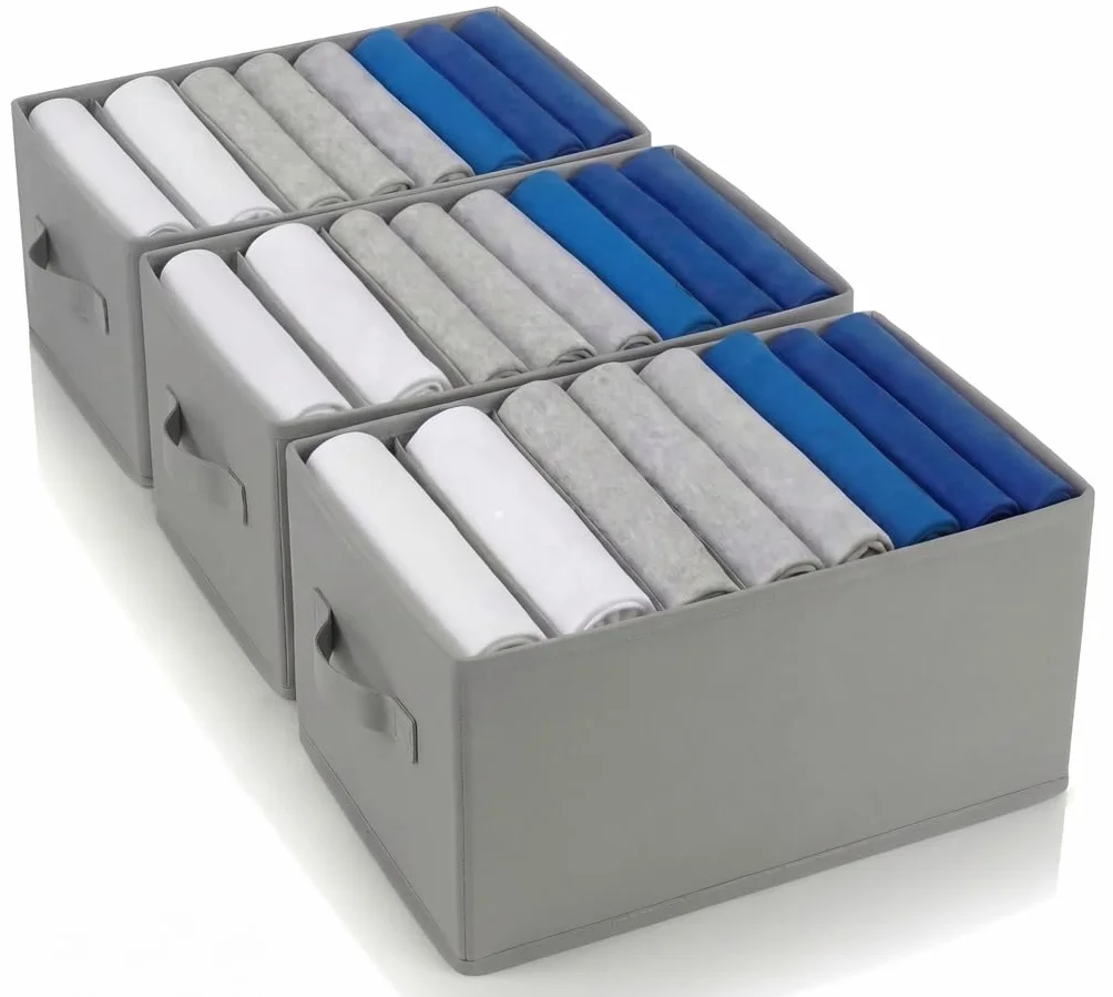 edihome, Organizador Armario, Separadores de Cajones para Camisetas y Ropa Interior, con Compartimentos, Cajas Organizadoras Armarios (Gris Claro, Pack 3-8 Compartimentos)