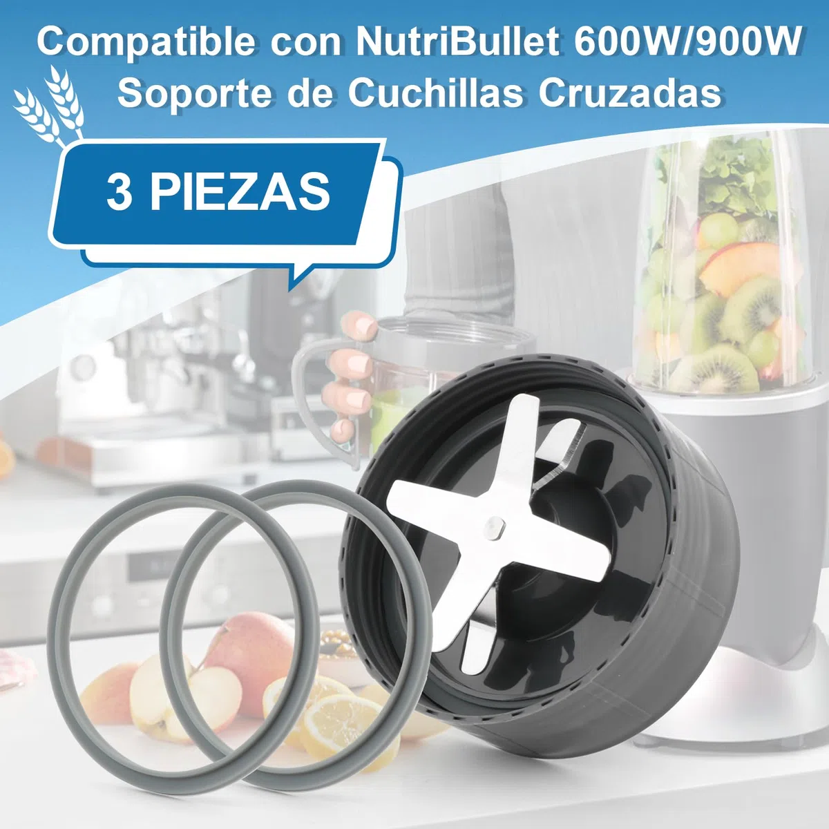 Blender Blade para NutriBullet 600W Extractor de Licuadora para NutriBullet 900W Hoja Cruzada Pieza de Base Extractor de Reemplazo de la Hoja en Forma con Junta del Portacuchillas