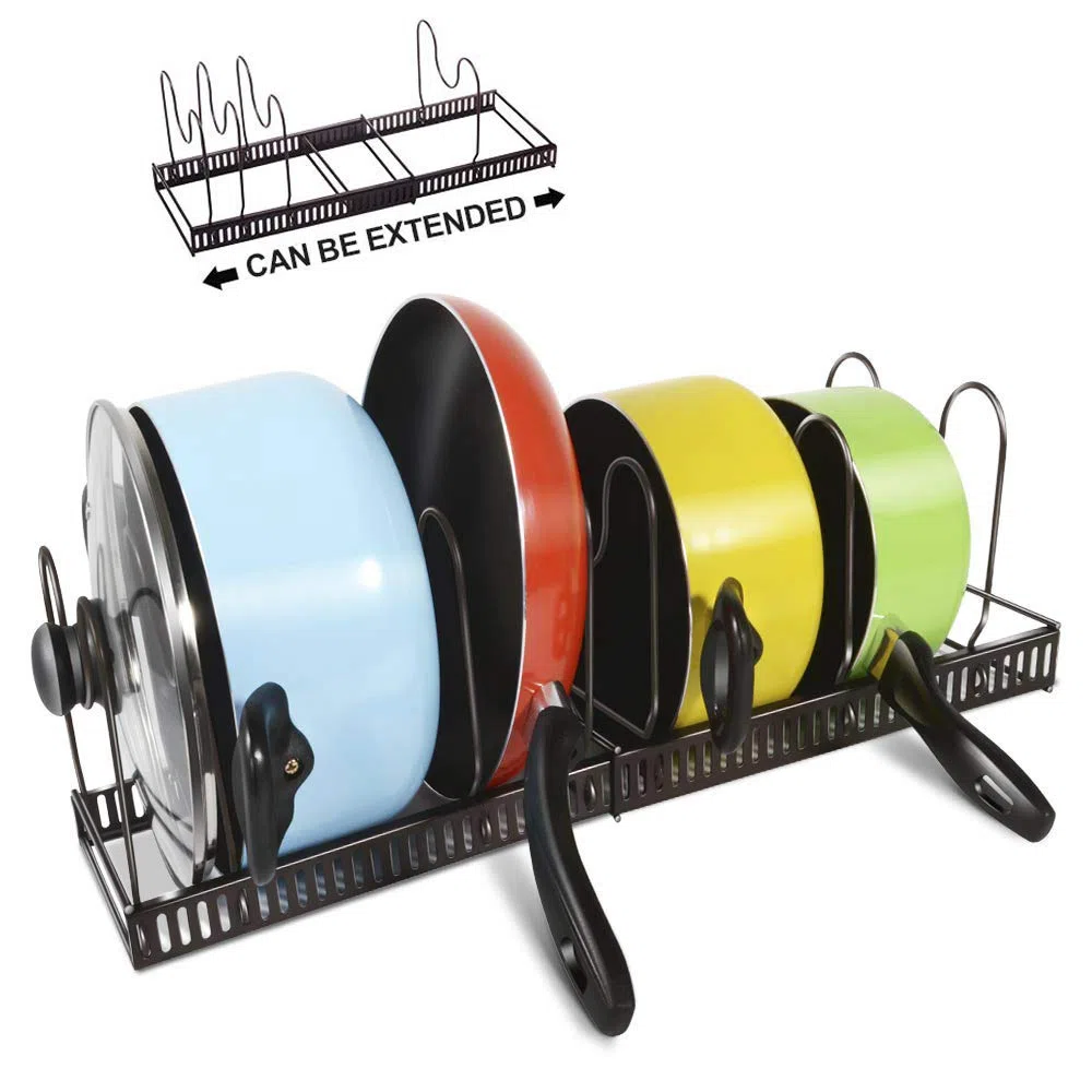 SILVANO Organizador de Ollas y Sartenes Extensible - Distancia Regulable - Posición Horizontal o Vertical - Fabricado en Hierro Revestido Inoxidable - Soporte de Utensilios Resistente