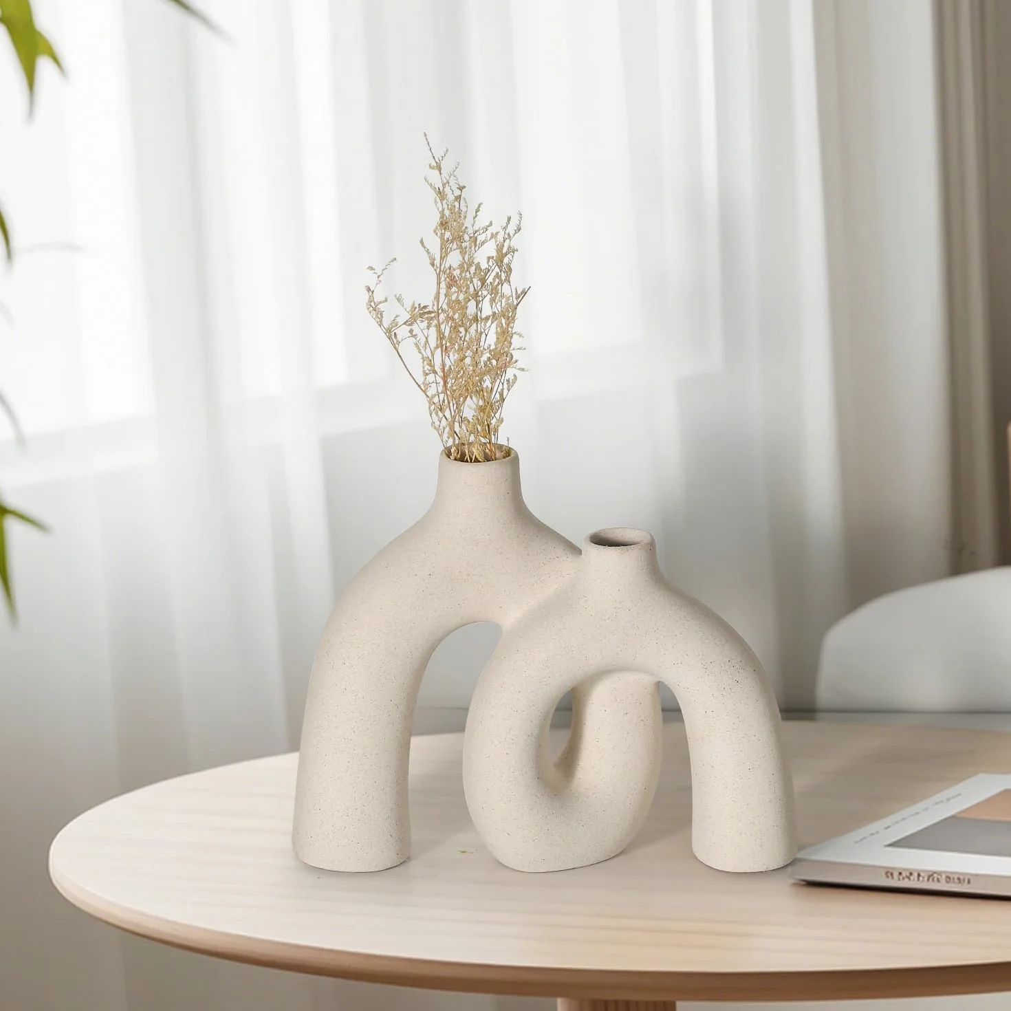 Jarron de Cerámica, Estilo Boho Nórdico Moderno Decorativo Jarron de Flores Estético Cerámico para Decoración del Hogar (Beige)