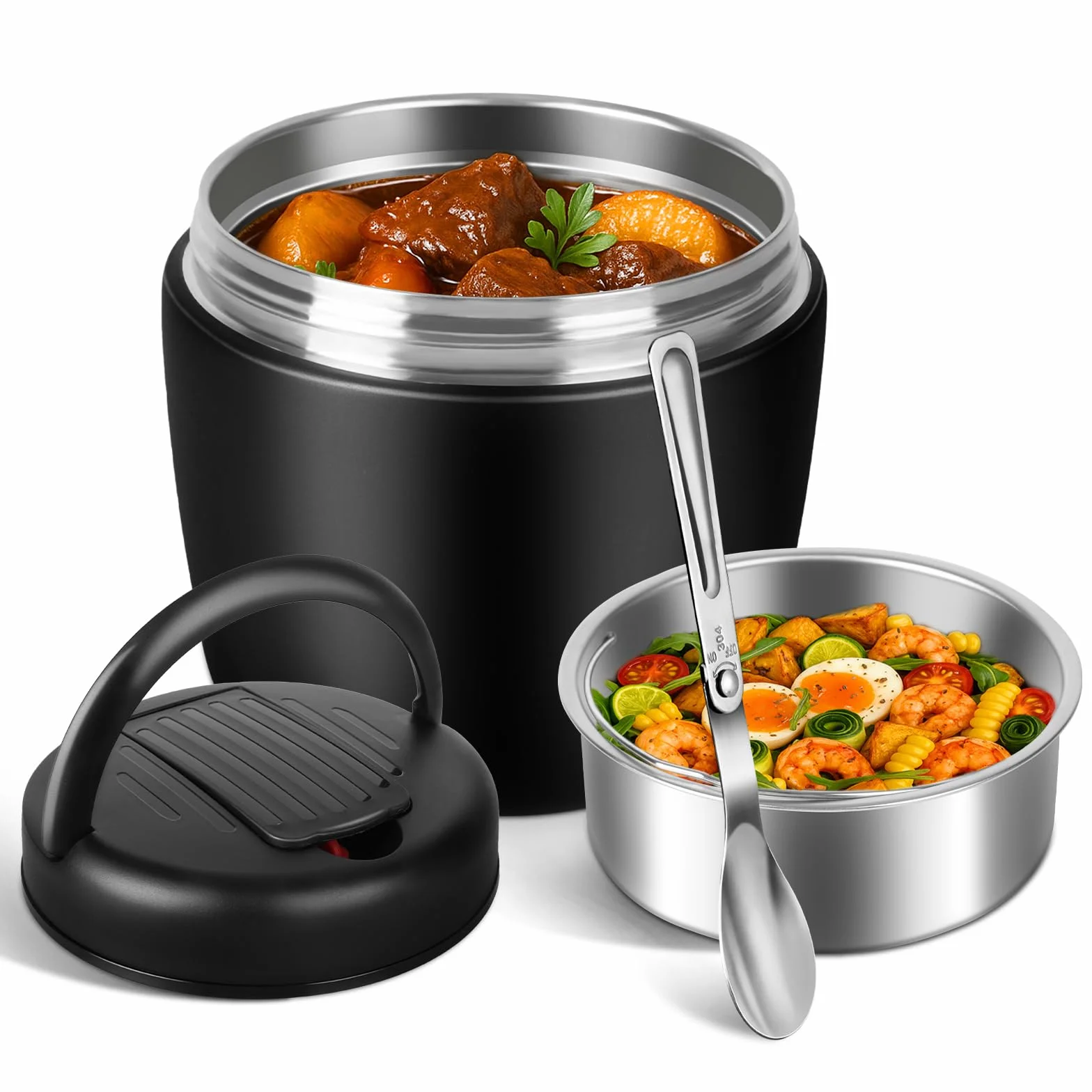 Fiambrera Termica 1200 ml, Termo Comida Caliente, Fiambrera Acero Inoxidable Contenedor Térmico con Cuchara Plegable, para Comidas, Sopas, Purés para bebés y gachas (Negro)