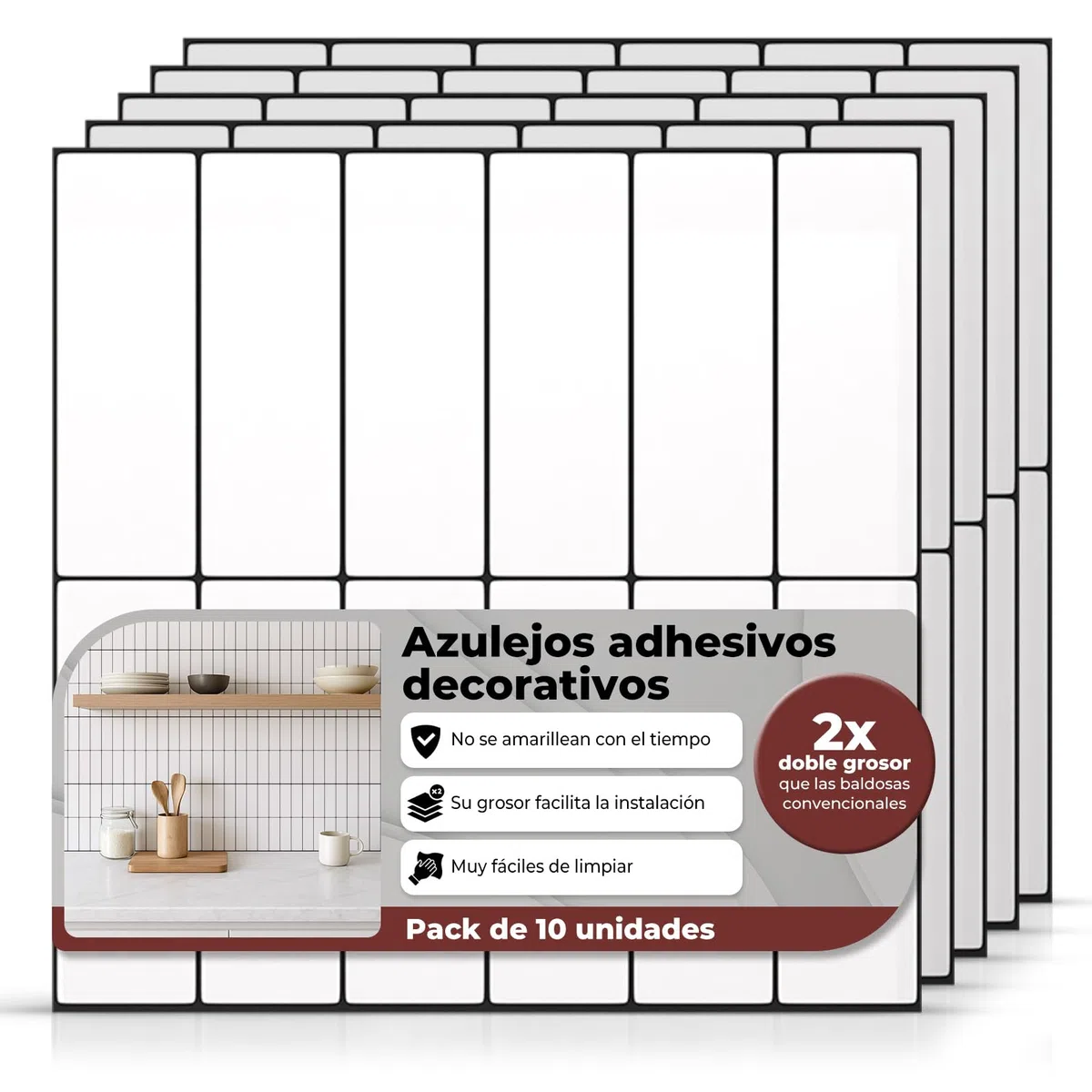 AMARA DECO - 10 Unidades Azulejos Adhesivos Cocina y Baño 30x30cm. Baldosas Adhesivas Pared con Efecto Azulejo 3D, Impermeables, Resistentes al Calor y Fáciles de Limpiar (Rect Blanco/Negro)