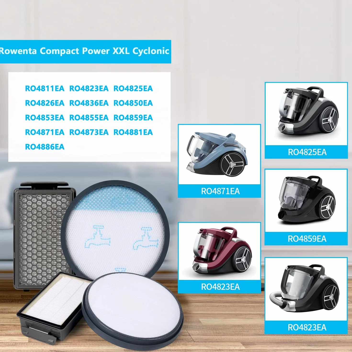 juego de 2 filtros de repuesto compatibles con la aspiradora Rowenta Compact Power XXL RO4811EA RO4823EA RO4825EA RO4853EA RO4855EA RO4859EA RO4871EA RO4881EA, sustituye las piezas ZR780000
