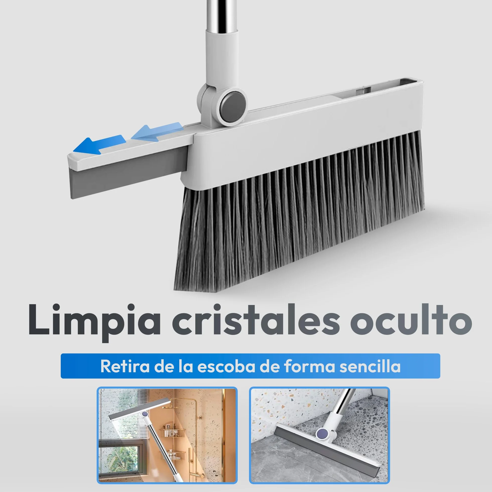 JUPPLIES Escoba y Recogedor Plegable 3 en 1 con Cepillo Extraíble y Limpiacristales Oculto - Mango Telescópico de 126 cm y Rotación de 180º - Limpieza del Hogar Oficina