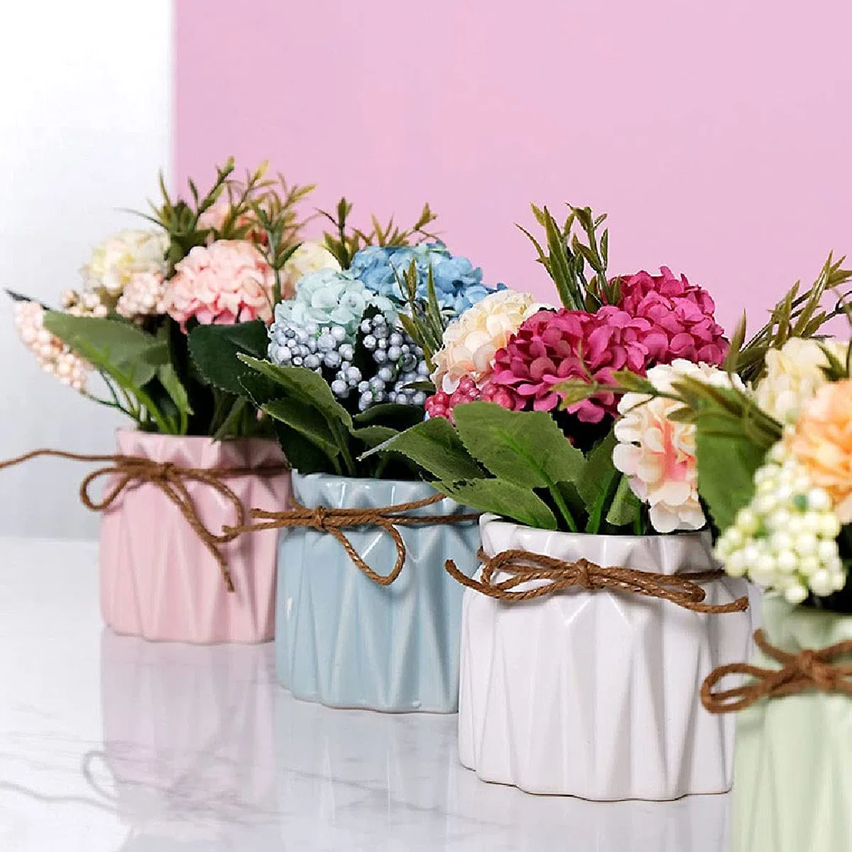 Lote de 2 Flores Artificiales Decorativas, Ramo de Flores Artificiales con florero, Planta Artificial en Maceta, Flores Artificiales, Hortensia de Seda para Boda, Oficina, Mesa de jardín