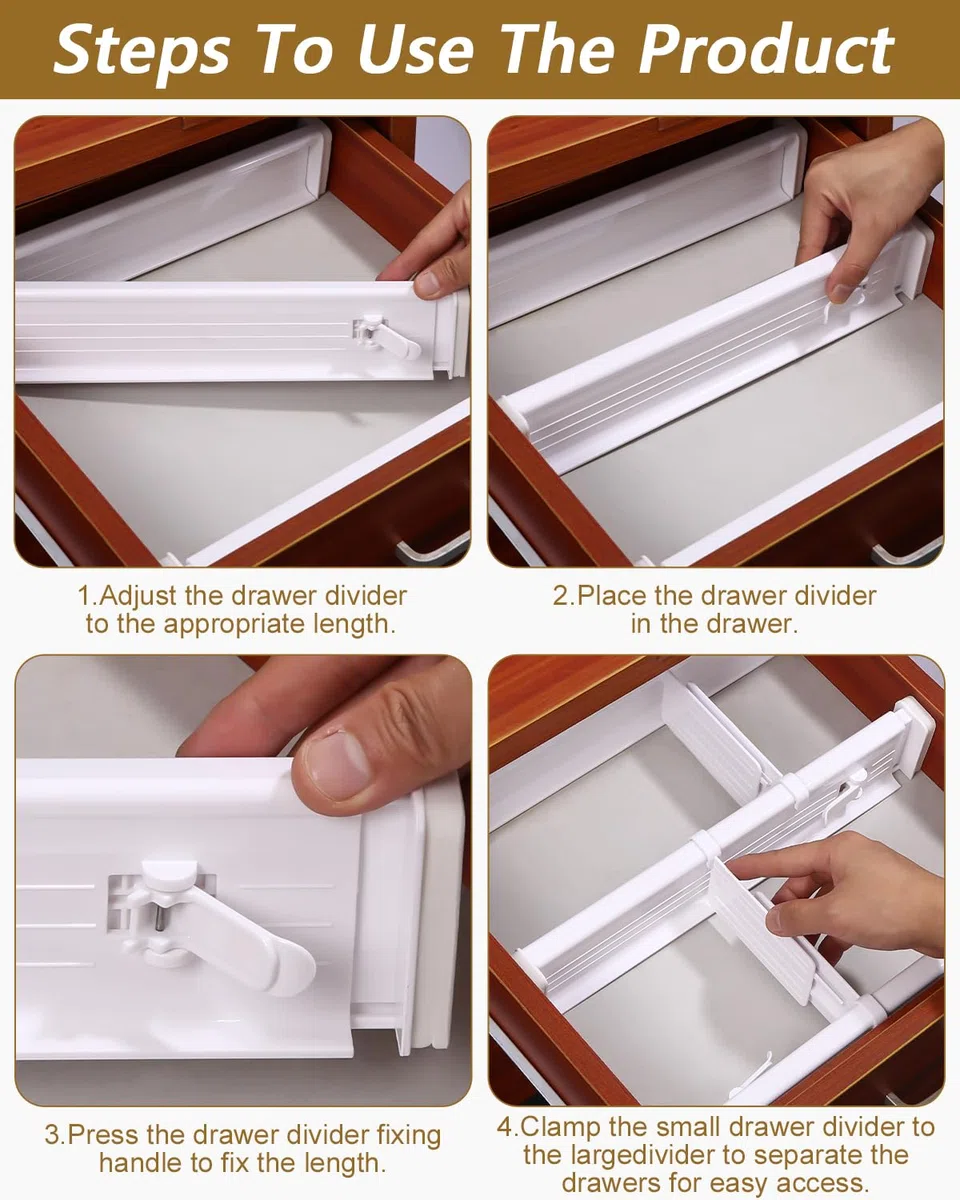 Separadores de Cajones 8 Piezas Separador Cajones Ajustable, Organizador Armario,Organizador de Cajones Profundos, para Cocina, Cómoda, Baño, Dormitorio, Oficina 32–56cm