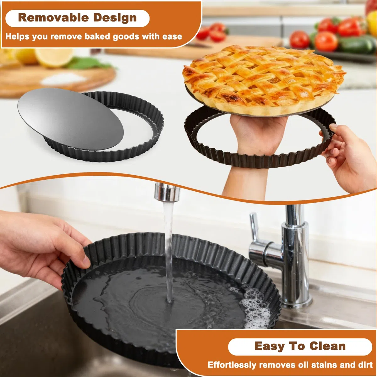 2Pcs Molde Tarta Desmontable, Moldes Quiche Tarte Antiadherentes Elevadora 28cm & 22cm con Base Suelta, Sartén Plato Tartaletas Bordes Ondulados Redondo para Hornear Quiches, Pasteles, Flanes, Queso