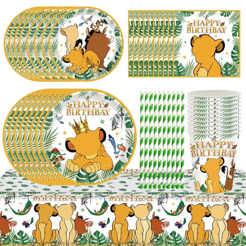 60pcs El Rey León Vajilla para Fiestas,Juego de Vajilla de Fiesta León, Bandeja de Papel, Servilleta, Taza, Pajitas, Cubiertos Fiesta El Rey León-10 Posición