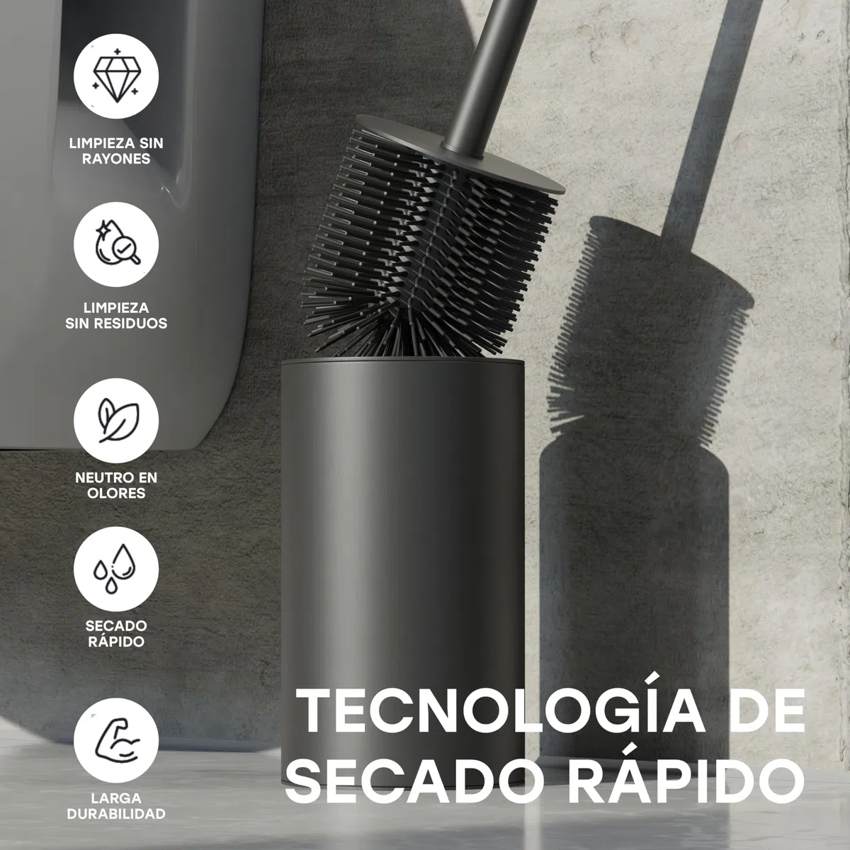 SAVEGA Escobilla Baño Silicona – Escobillero Baño Acero Inoxidable con Protección Antisalpicaduras – Higiénico y Duradero (Blanco Mate, Set de 1)