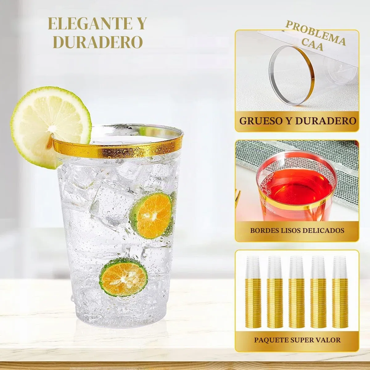 LATERN 50 Piezas Vasos de Plástico con Borde de Dorado, 360ml Plasticos Vasos de Bebida Reutilizables Copas de Vino Elegantes para Fiestas para Champán Cerveza Cóctel Martini Soda (10,5 x 7,5cm)