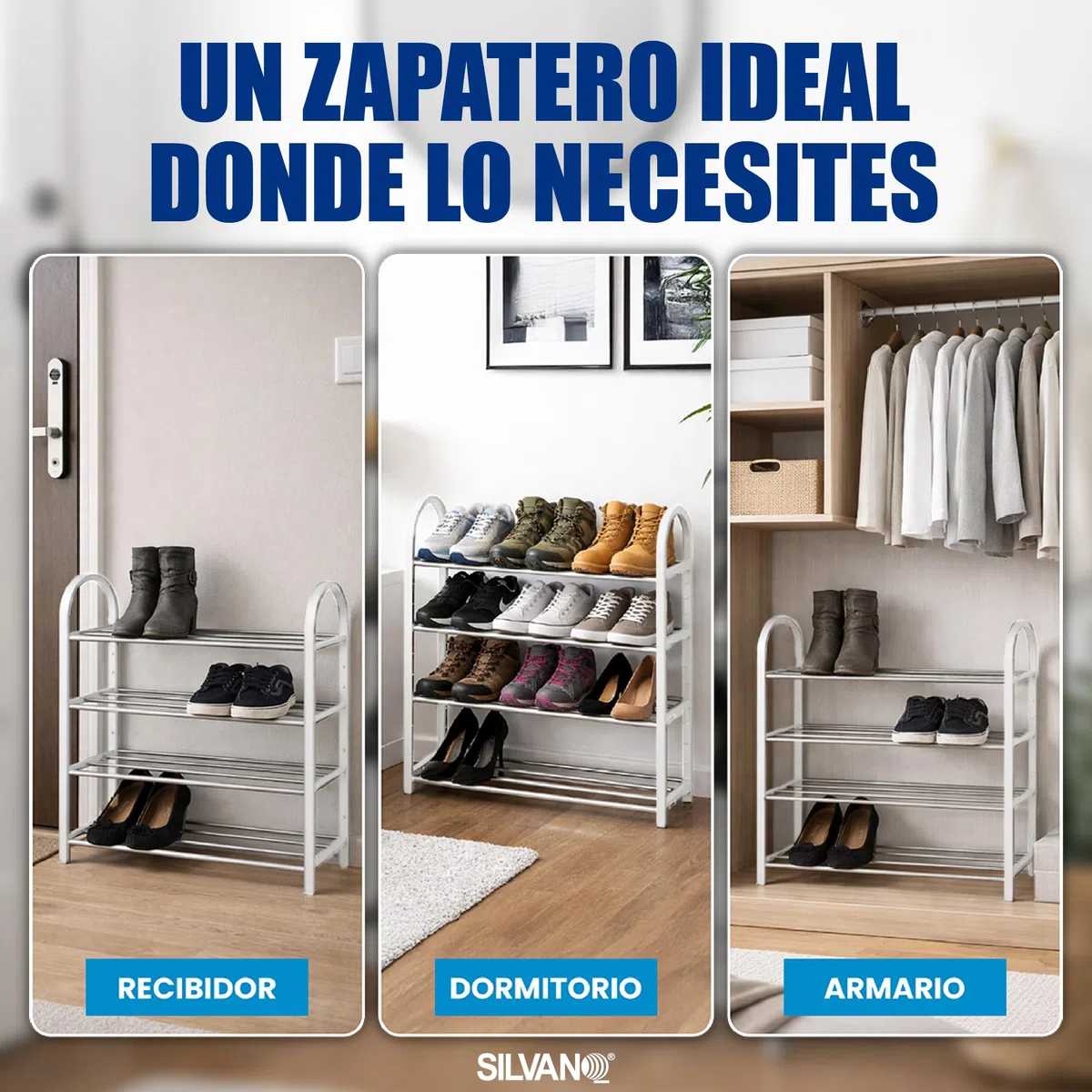 SILVANO Zapatero, Organizador de Zapatos, Estante para Zapatos, 4 Baldas, Estructura de Metal - 19 x 58 x 65 cm - Portátil, Multifuncional, para la Habitación, Dormitorio, Pasillo (Blanco)