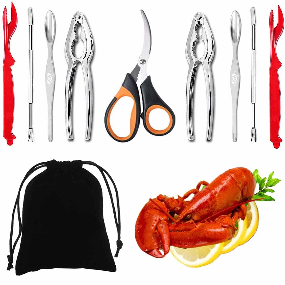 Artcome Juego de herramientas de marisco: 2 galletas de cangrejo, 2 peladoras de langosta, 2 tenedores de mariscos, 2 tenedores anchos de cangrejo, 1 tijeras de mariscos y 1 bolsa de almacenamiento