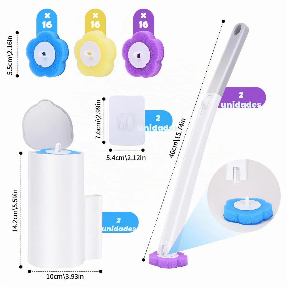 Juego de 2 cepillos de inodoro con 48 piezas de repuesto para limpiador, cabezal flexible, set con soporte y mango para lavabo, inodoro y piscina