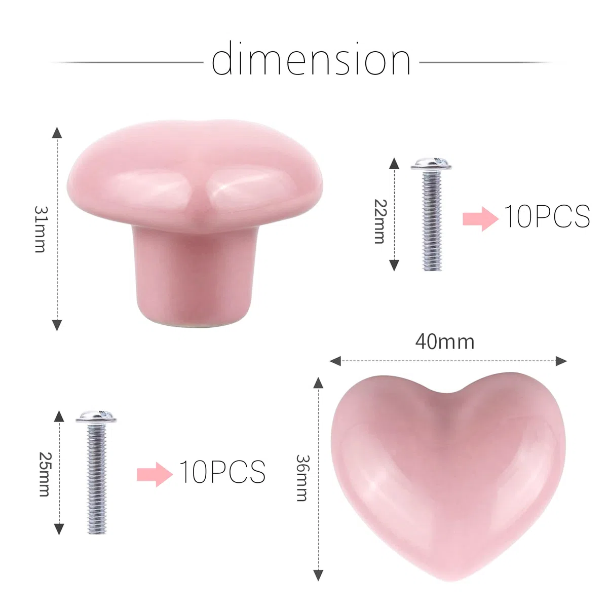 Pack de 10 Pomos para Muebles de Cerámica en Forma de Corazón Rosa - Tiradores con Tornillos Incluidos para Cocina, Armarios, Gabinetes y Más‌