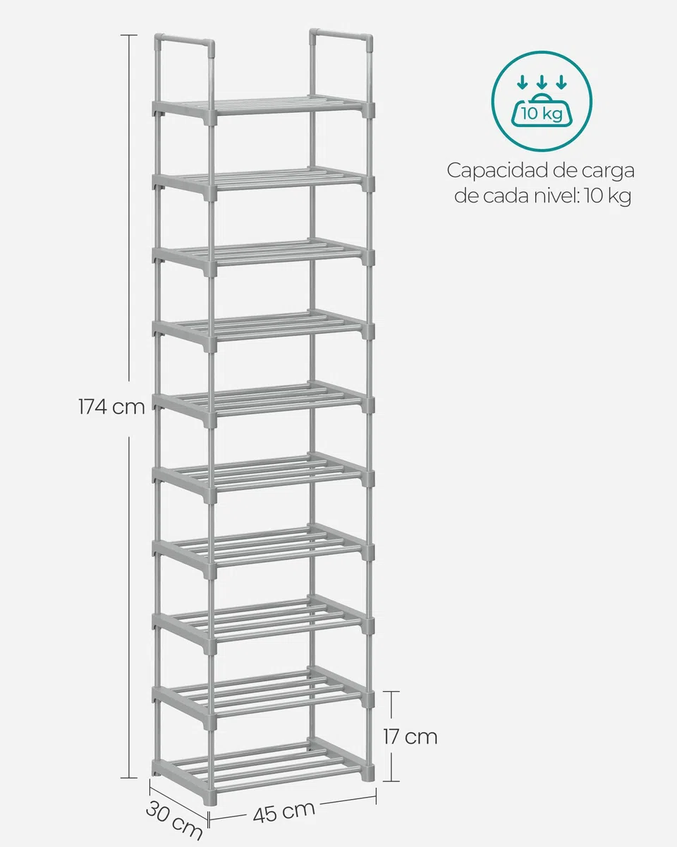 SONGMICS Zapatero, 10 Niveles, Zapatero Estrecho, Organizador de Zapatos de Metal, Pasillo, Salón, Armario, Ahorra Espacio, Apilable, para 10-20 Pares, 30 x 45 x 174 cm, Gris LSA025G02